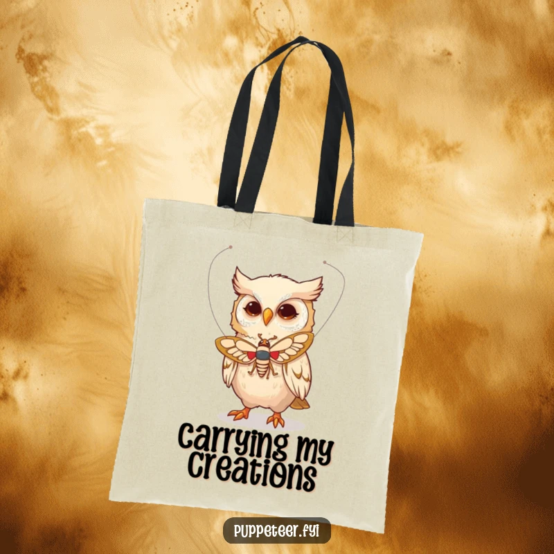 Funny tote bag featuring a whimsical owl character making a moth puppet fly using delicate strings, ready for enchanting travels.