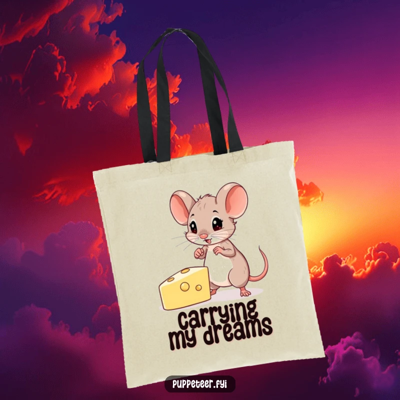 Funny Mouse Tote Bag showing a determined mouse guiding a cheese-shaped puppet, perfect for carrying daily essentials with purpose.