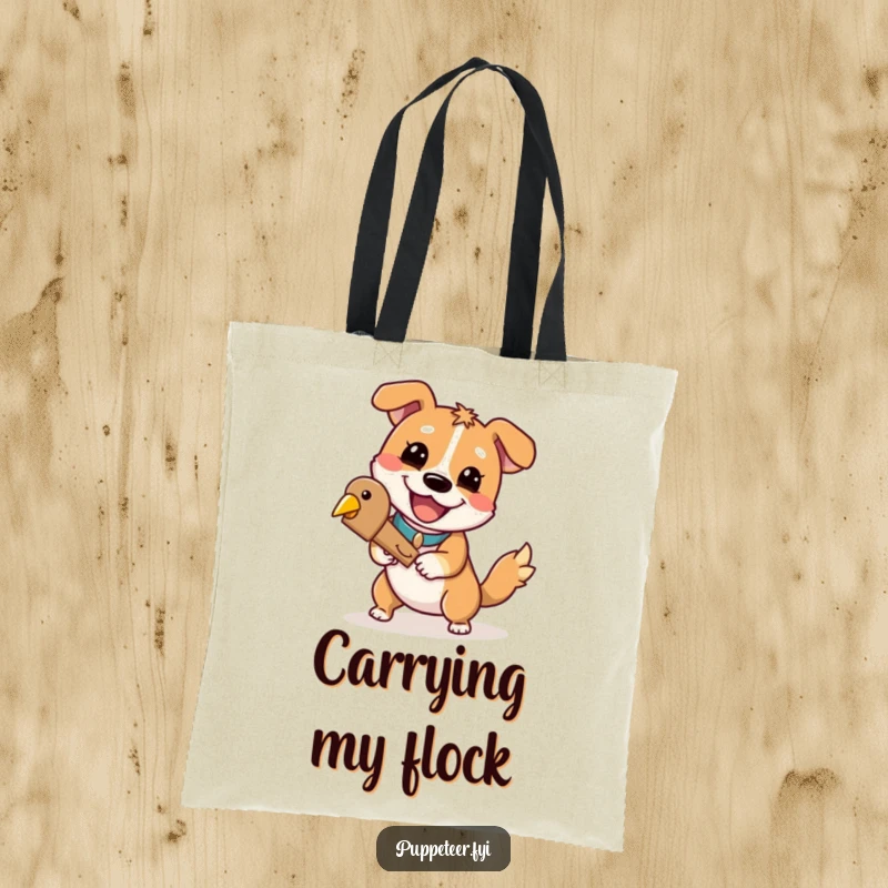 Funny dog tote bag featuring a playful dog with a cheerful grin controlling a wooden bird, perfect for carrying humor.