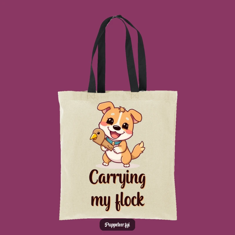 Funny Dog Puppet Master Tote Bag: Cheerful Grin Dog, Wooden Bird Control, Stylish Funny Gift
