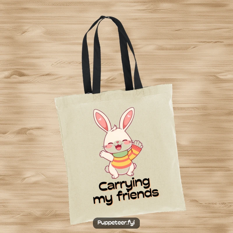 Funny Tote Bag with a giggling rabbit and a waving sock puppet, ideal for carrying items with a humorous and cheerful flair.