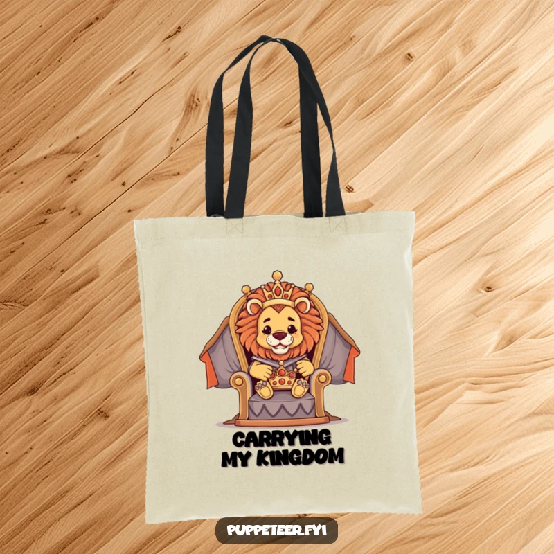 Funny tote bag showcasing a proud lion puppet master on a throne, directing a miniature crown puppet, perfect for regal essentials.
