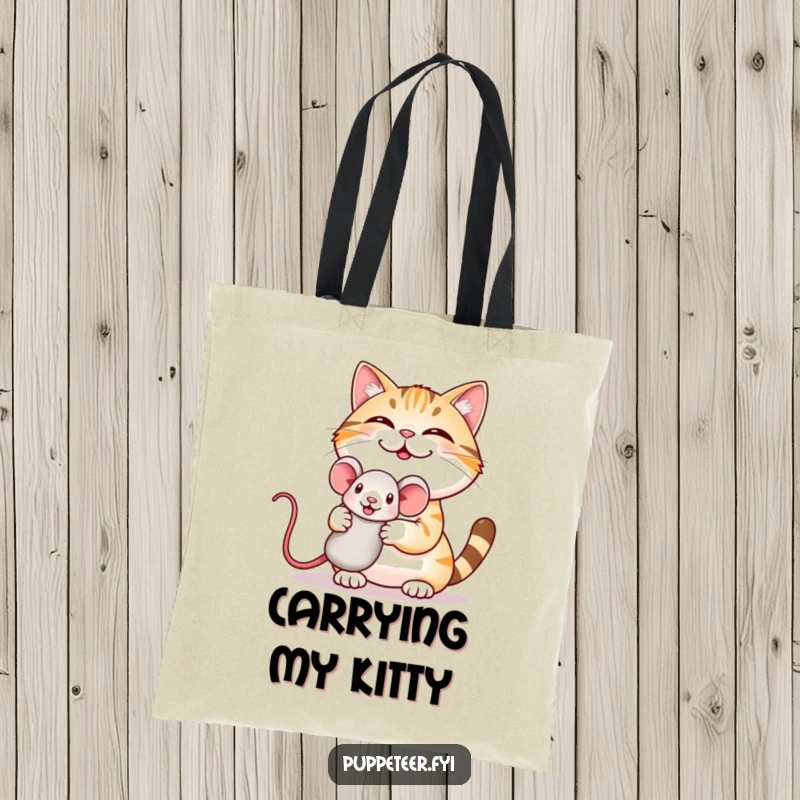 Funny tote bag featuring a giggling cat proudly holding a mouse puppet, great for carrying essentials with humor.