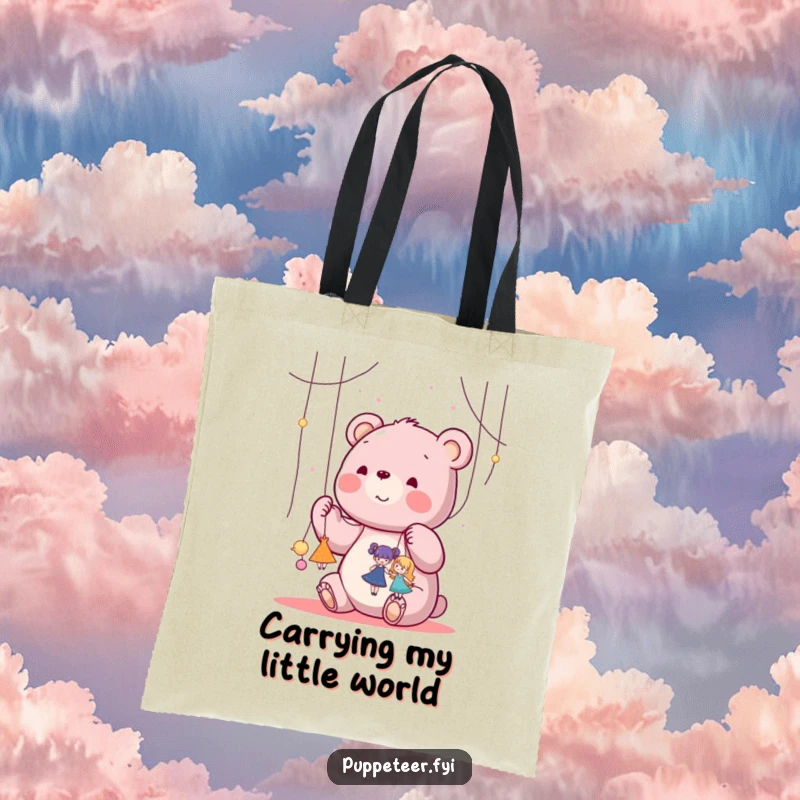 Funny kawaii bear happily manipulating strings attached to tiny dancing puppets on a sturdy tote bag, ideal for a funny gift.