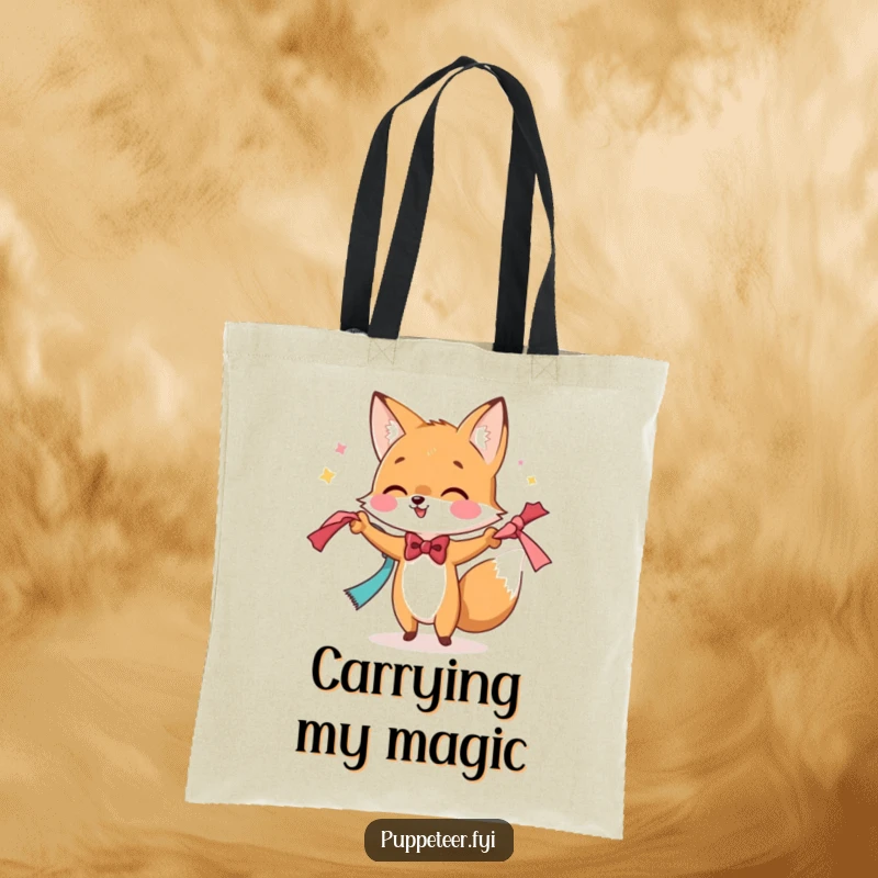 Funny tote bag with a dapper fox in a bowtie performing a magic trick with scarves, practical and full of charm.