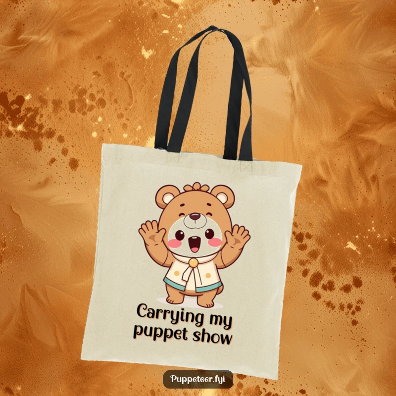 Funny bear puppet master tote bag featuring a cheerful bear waving hands, controlling a dancing puppet, perfect for carrying items.