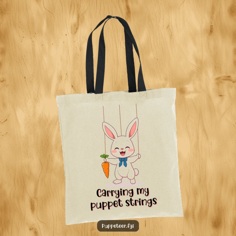 Funny bunny puppet master tote bag showing a cute rabbit puppet master making a carrot dance on a string, perfect for errands.