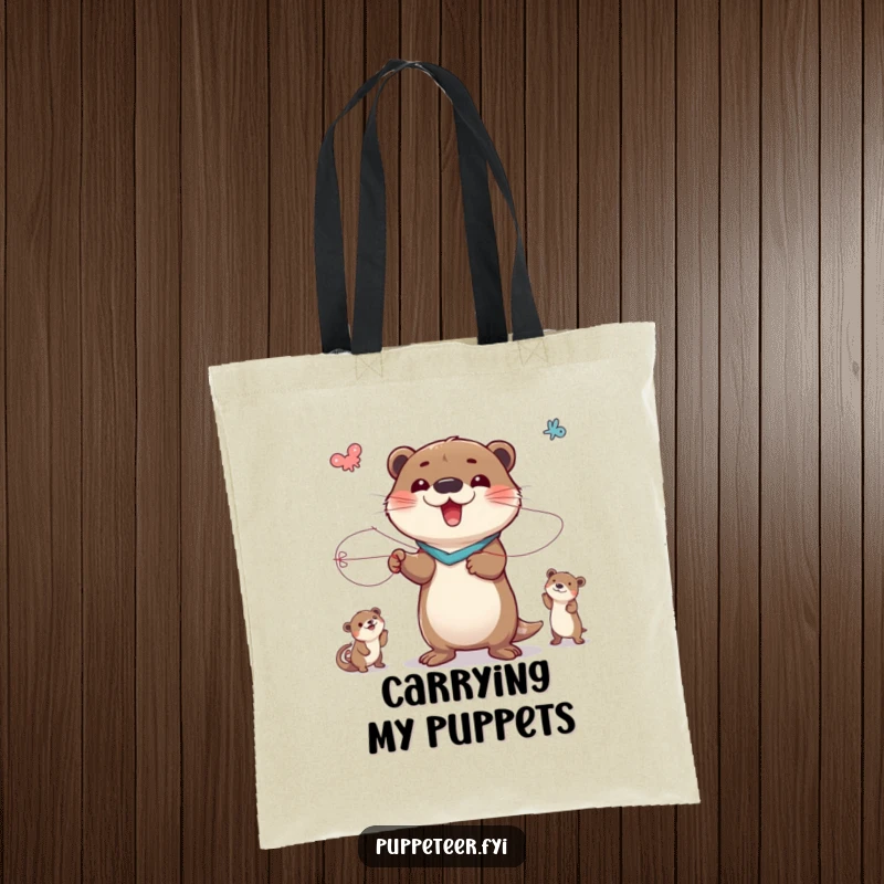 Funny tote bag depicting a delighted otter controlling a cast of animal puppets with strings, ready for any adventure.