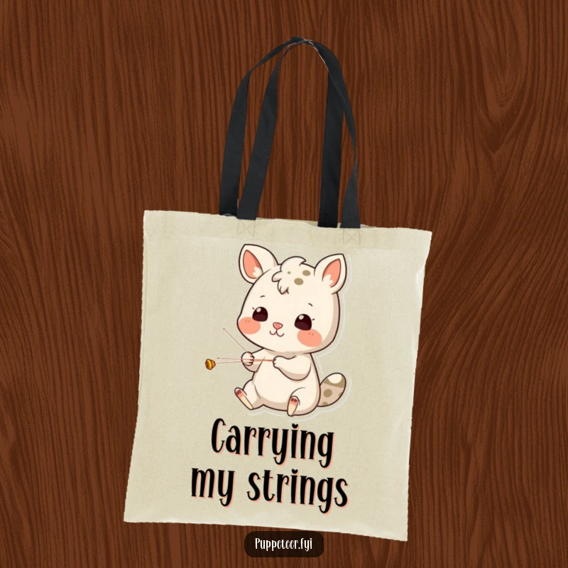 Funny Tote Bag: Cheerful animal character meticulously concentrating on intricate puppet strings, ready for a show, a hilarious accessory.