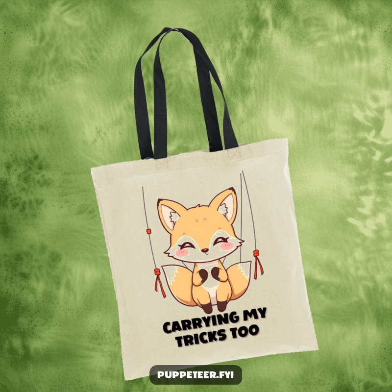 Funny kawaii fox with twinkling eyes gracefully holding puppet strings on a durable tote bag, ideal for a funny gift.