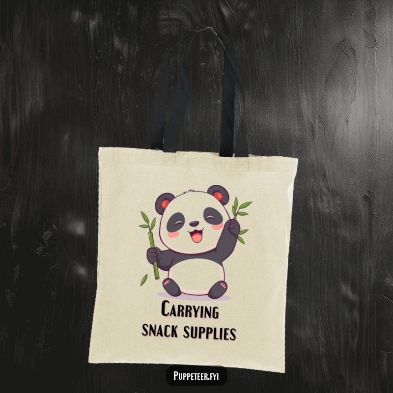 Funny Panda Tote Bag showing a playful panda controlling a bamboo stalk puppet, perfect for carrying daily essentials with joy.