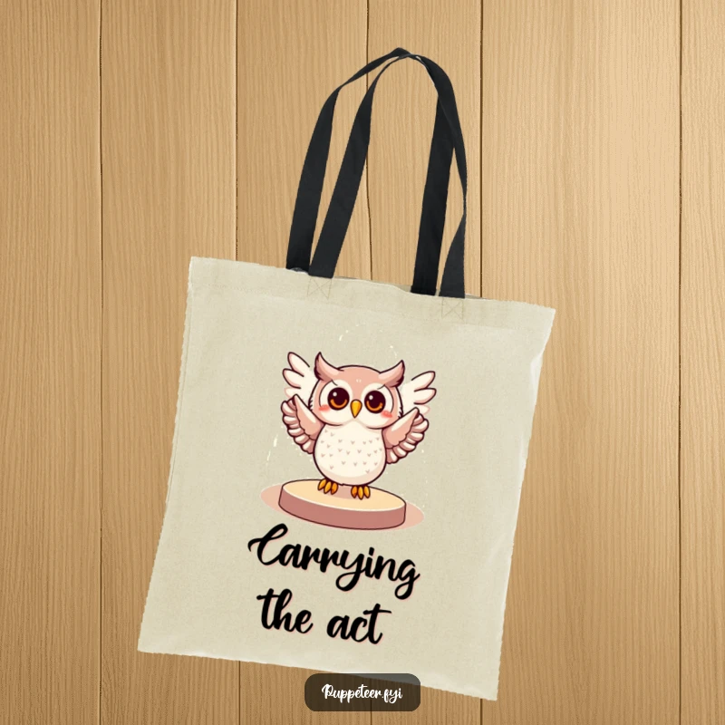 Funny tote bag depicting a cheerful owl illuminated by a spotlight, making a grand wing gesture, ready for a spotlight moment.
