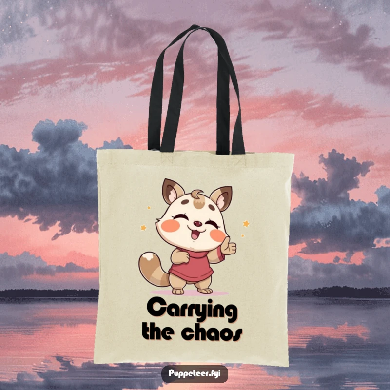 Funny Tote Bag: A giggling animal enthusiastically directs a puppet in an amusingly silly dance, perfect for carrying humor.