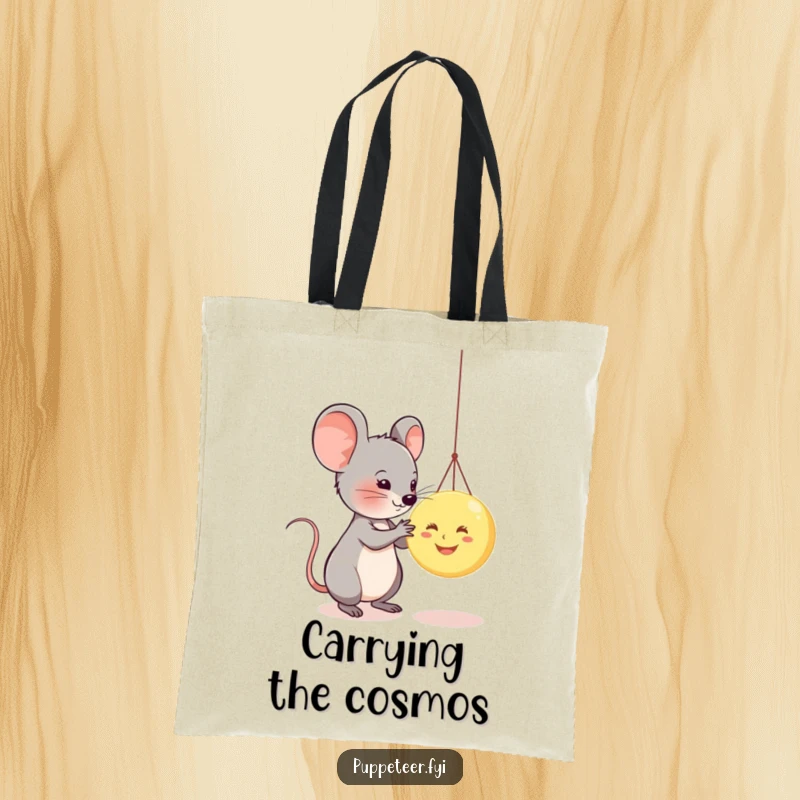 Funny mouse manipulating a smiling moon puppet with strings on a durable tote bag, highlighting creativity and humor.