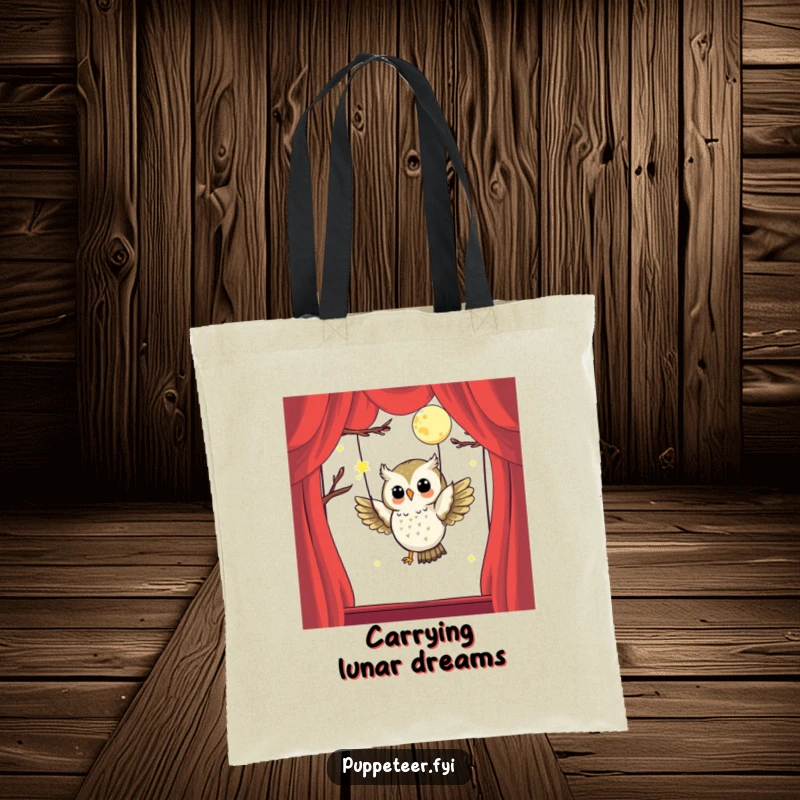 Funny tote bag showcasing a happy owl puppet master skillfully making a moon puppet fly, perfect for carrying items and dreams.
