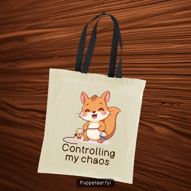 Funny squirrel tote bag with a cheerful squirrel controlling two tiny characters by a long string, signifying playful coordination.