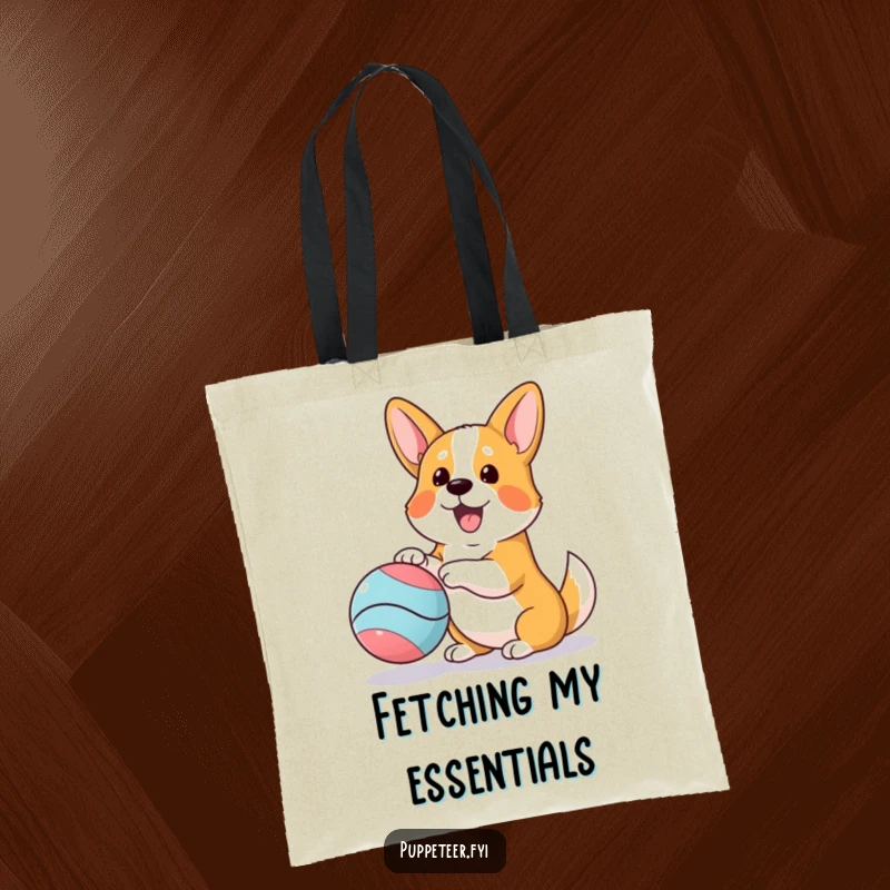 Funny tote bag featuring an enthusiastic corgi wagging its tail while playing with a bouncing ball puppet – pure joy!