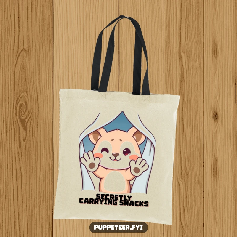 Funny Tote Bag: Mischievous animal character hiding behind a curtain, waving puppet hands, a humorous and practical accessory.