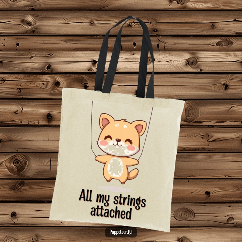 Funny Tote Bag: A playful animal character uses two strings to make a puppet jump, creating a humorous and engaging design for everyday use.