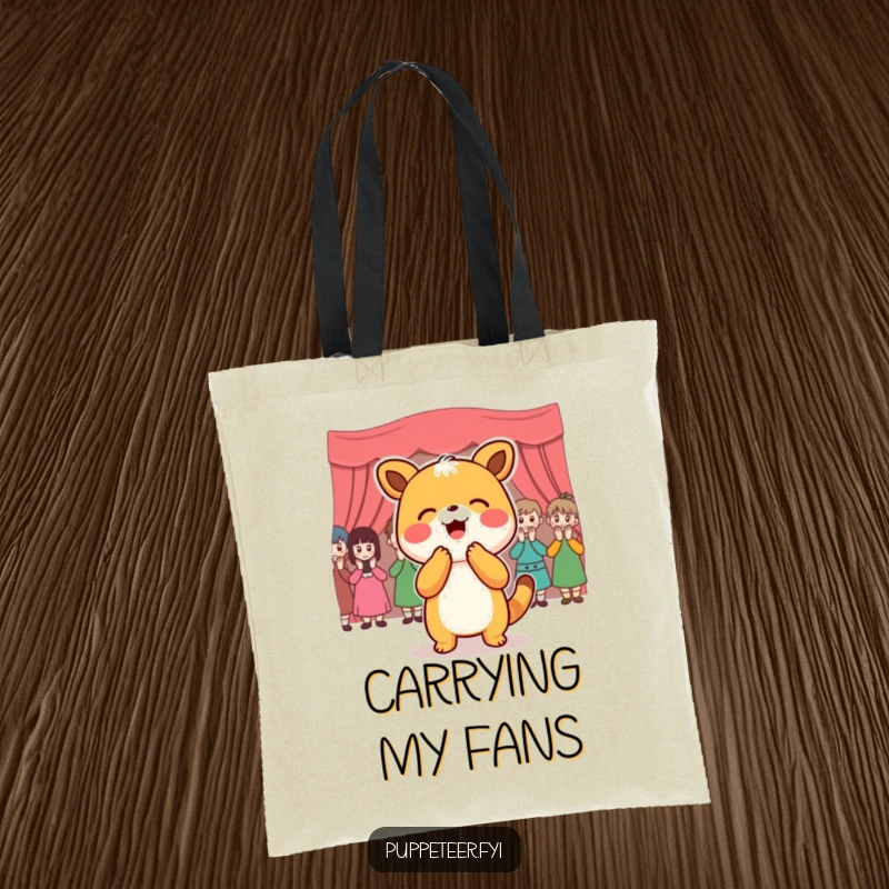 Funny Tote Bag: Joyful animal character bowing to an applauding puppet audience, a humorous and stylish accessory.