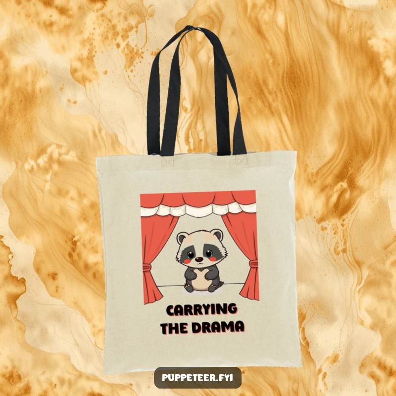 Funny tote bag showing a focused badger diligently operating a puppet show stage, perfect for carrying supplies.