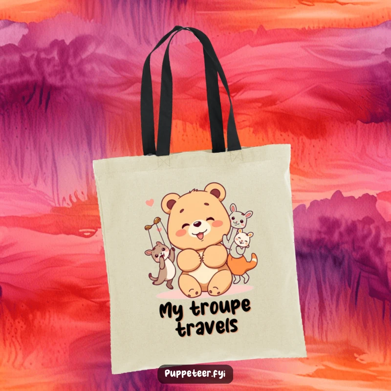 Funny bear cub tote bag with a cheerful bear cub bowing with its happy, dancing animal puppets, a fun and humorous accessory.