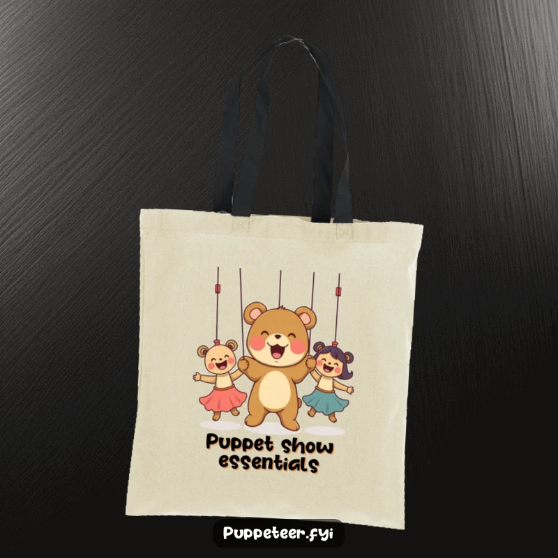 Funny Tote Bag featuring a delighted bear cub controlling dancing puppets, ideal for carrying items with a humorous, masterful flair.