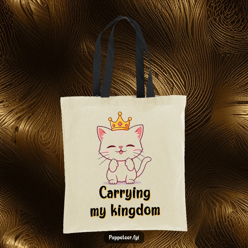 Funny tote bag with a mischievous cat wearing a tiny crown, tugging on invisible strings, ready to conquer the day with charm.