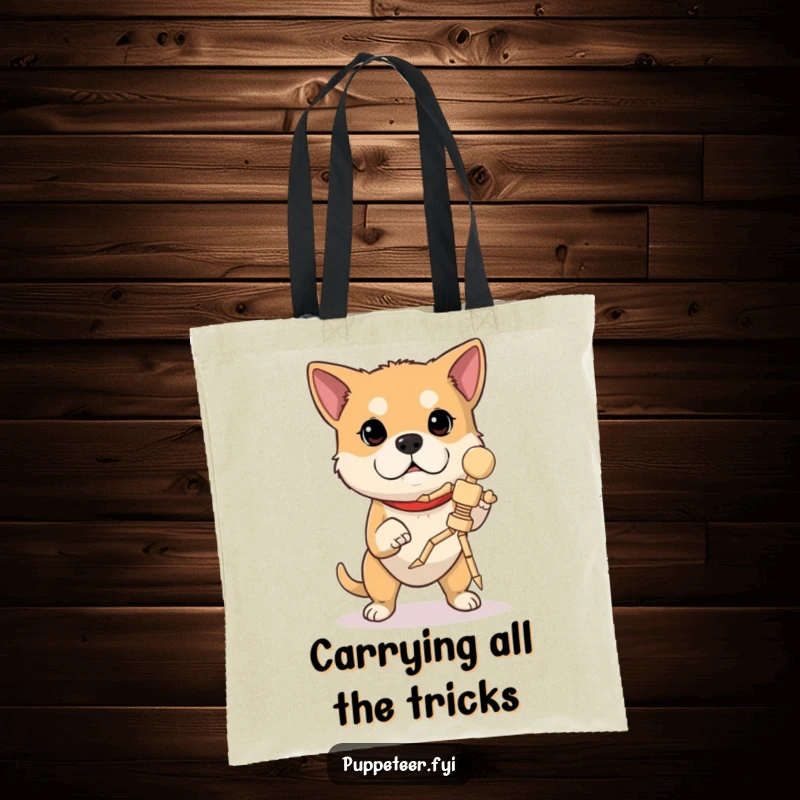 Funny dog tote bag with a determined dog concentrating, operating a wooden marionette in mid-jump, showcasing skillful execution.