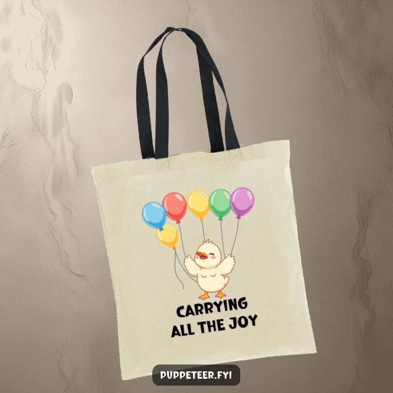 Funny giggling duckling tote bag with strings connected to colorful balloons, a stylish carry-all for happy people.