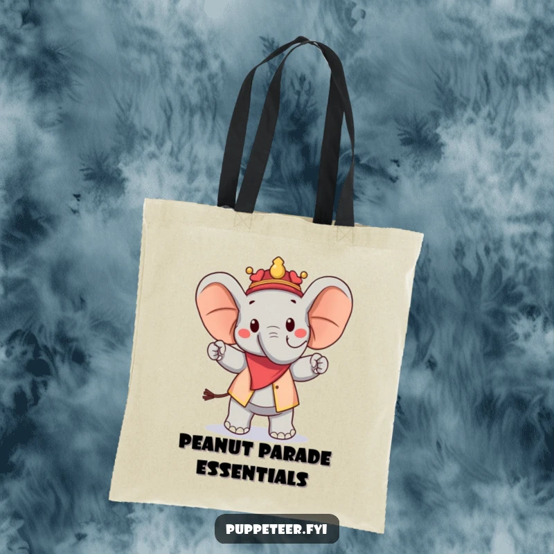 Funny tote bag displaying a cheerful elephant puppet master guiding a peanut puppet in a proud marching formation, perfect for humor lovers.