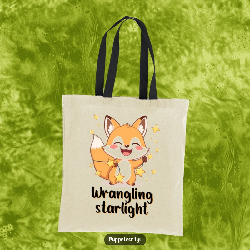 Funny happy fox tote bag with a wide grin manipulating a string of glowing stars, a stylish carry-all for dreamers.