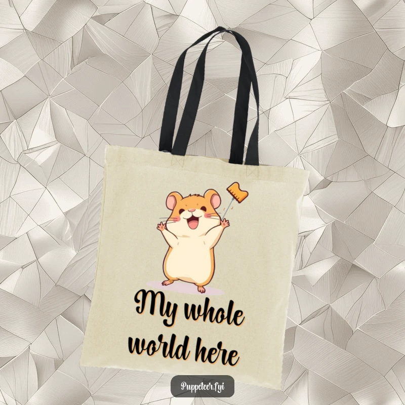 Funny tote bag featuring a happy hamster directing a hamster puppet in a somersault, great for everyday fun.