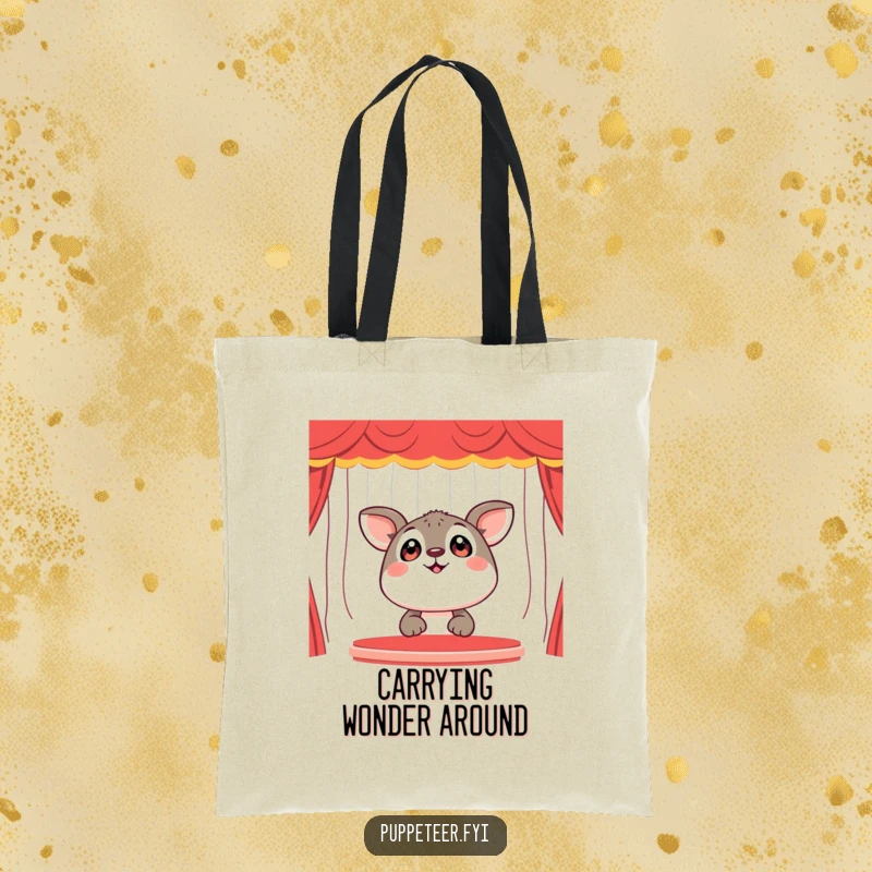 Funny Tote Bag: A happy animal with wide, sparkling eyes looks up at a captivating puppet show, full of delight.