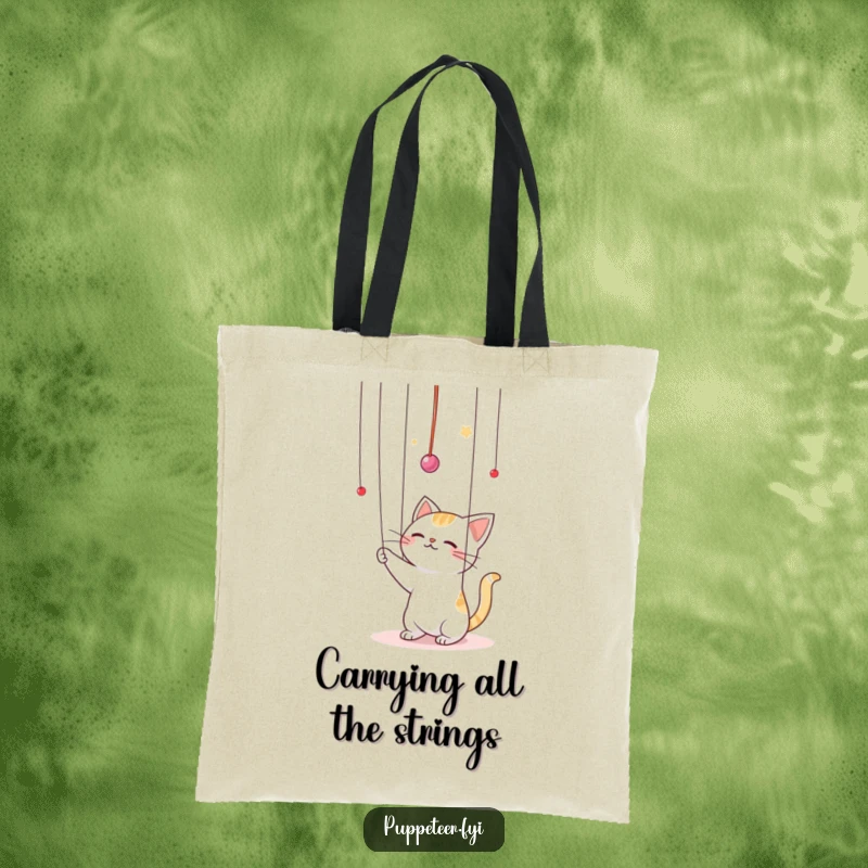 Funny Kawaii cat batting playfully at puppet strings in the air tote bag, illustrating a whimsical feline orchestrating unseen events with adorable mischief.