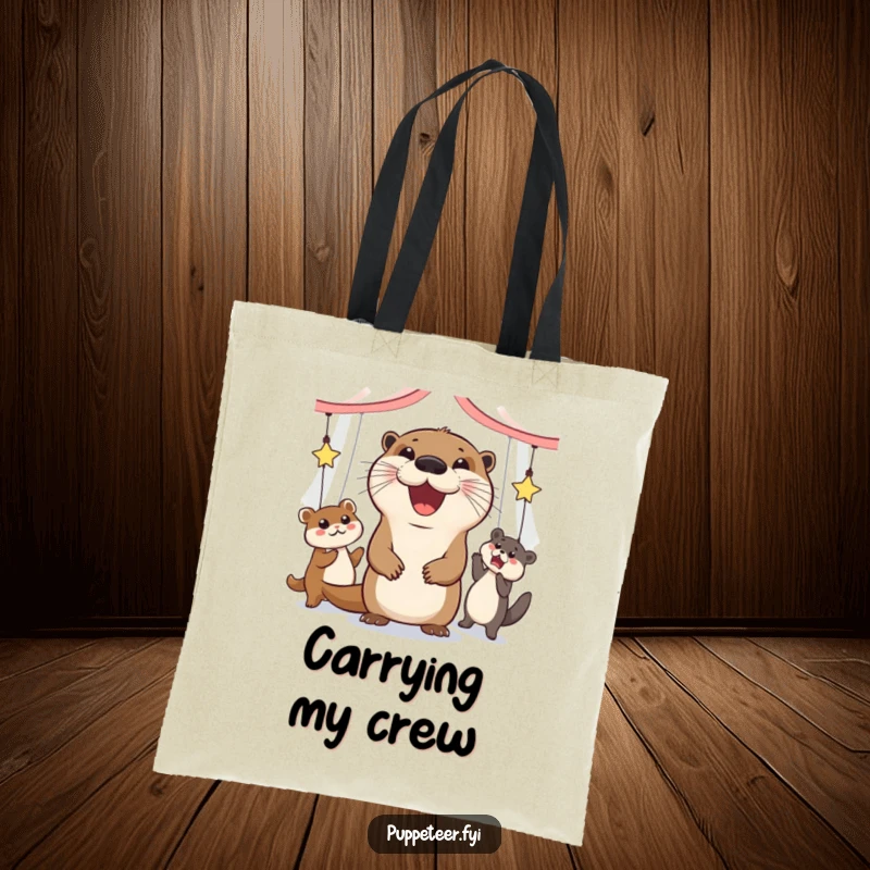 Funny tote bag with a grinning otter making animal puppets dance, perfect for carrying dance gear.