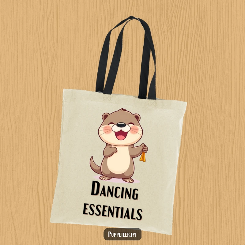 Funny Otter Puppet Dancer Tote Bag with a cheerful otter joyfully animating a puppet, a humorous and practical gift.