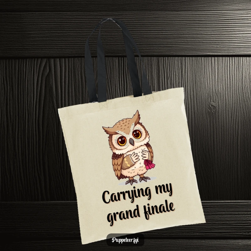Funny wise owl attentively watching as a small, handcrafted puppet performs a graceful bow.
