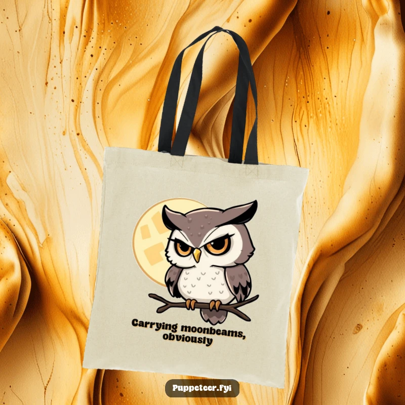 Funny Owl Tote Bag illustrating a sly owl with a twinkling eye, commanding a hovering moon, perfect for carrying magical items.