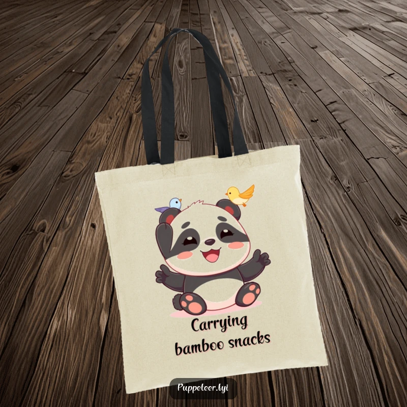 Funny tote bag featuring a joyful panda making a tiny bird puppet fly through the air – pure happiness!
