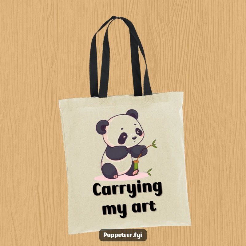 Funny panda tote bag art of a playful panda using sticks to animate a bamboo puppet, perfect for carrying humor and essentials.