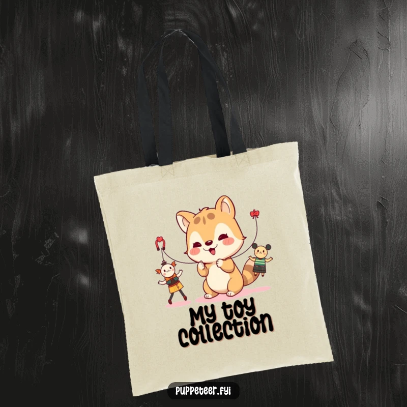 Funny tote bag with a cute animal character manipulating strings to make toys dance, perfect for carrying items with whimsical flair.