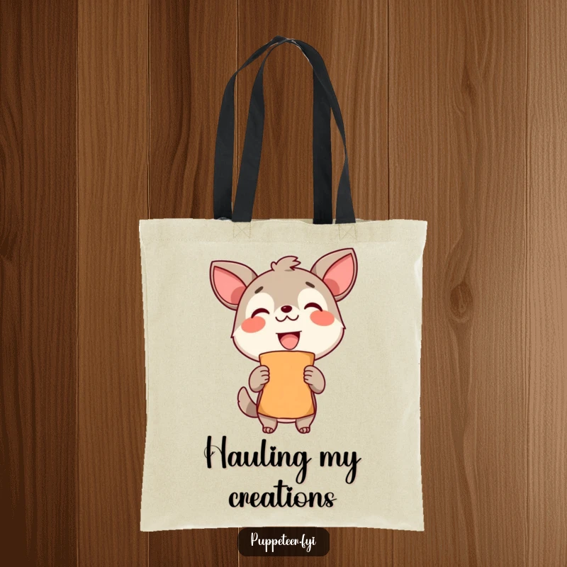 Funny Tote Bag: A delighted animal beams holding a finished puppet, a symbol of creative pride and accomplishment.