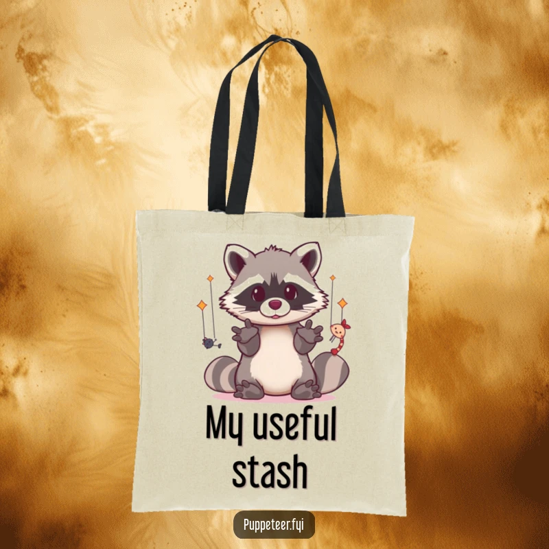 Funny tote bag with a kawaii raccoon using its dexterous paws to move puppets, ideal for carrying art supplies.