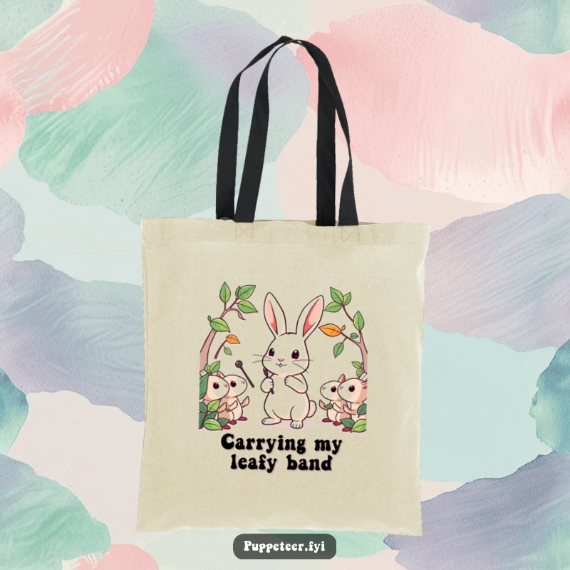 Funny tote bag featuring a determined rabbit conducting leaf puppets with a tiny baton, perfect for carrying nature's treasures.