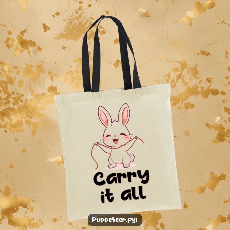 Funny Rabbit Puppet Master Tote Bag with a cute, delighted character skillfully maneuvering strings, a humorous gift for shoppers.