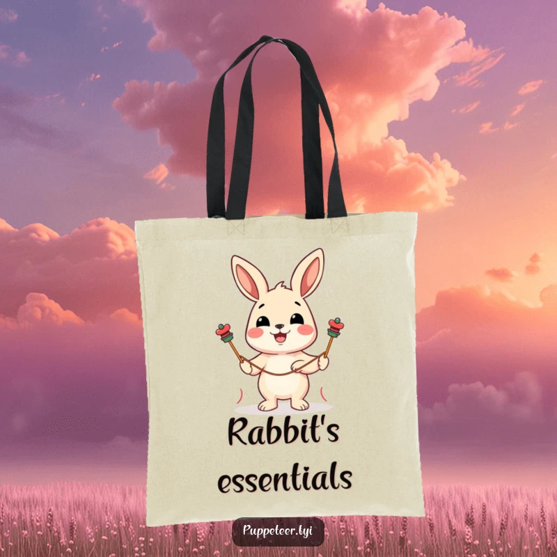 Funny tote bag featuring a cheerful rabbit character guiding string puppets with a delighted expression, a fun accessory.