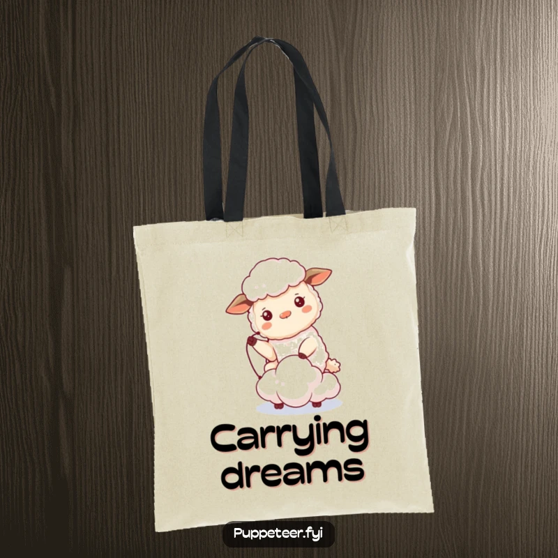 Funny sheep tote bag art of a beaming sheep controlling a tiny cloud puppet that drifts, perfect for carrying humor and essentials.