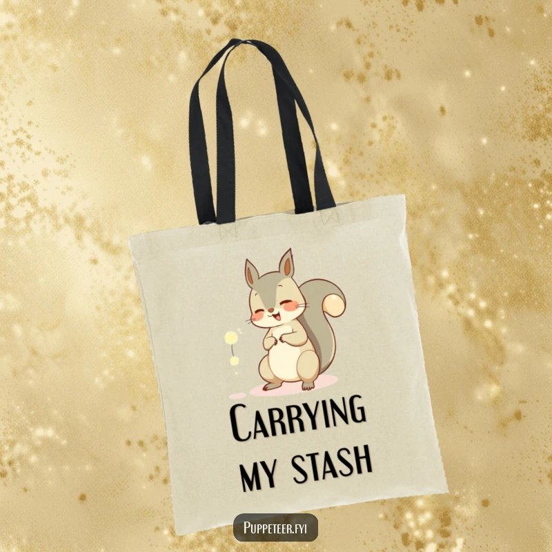 Funny tote bag with a giggling squirrel skillfully manipulating glowing orbs using its tail, perfect for carrying magical discoveries.