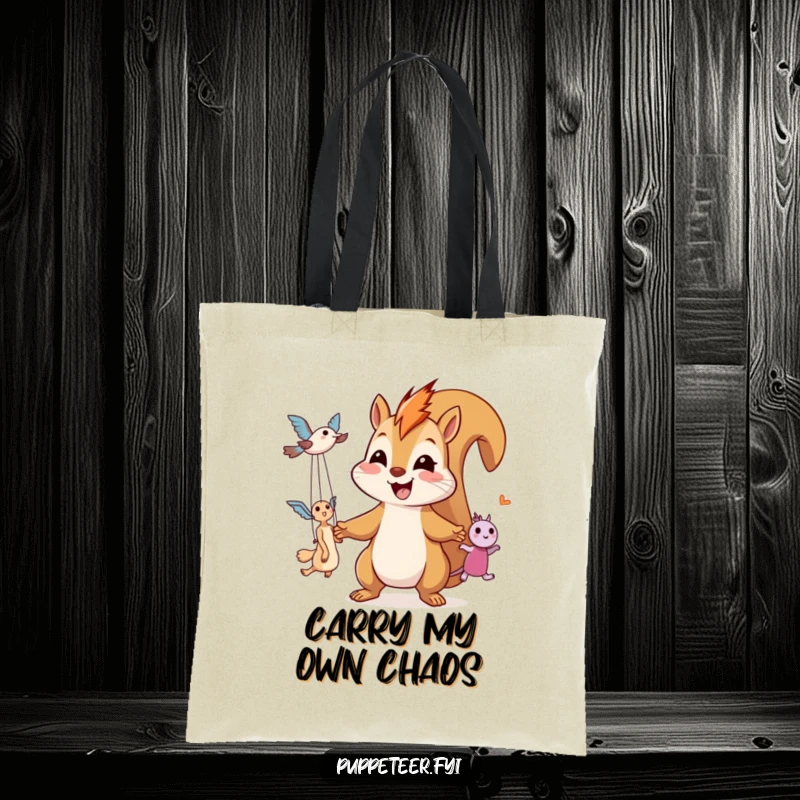 Funny tote bag displays a joyful squirrel with a grin, masterfully directing two puppet figures soaring through the air.